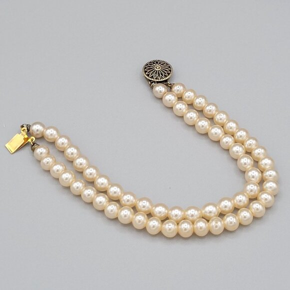 Double Strand Simulated Pearl Bracelet Gold Wash Over Sterling Hardware 6.5 in - Picture 4 of 7